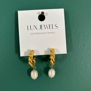 Lux Gold Twisted Hoop Earrings with Pearl Drops Non Tarnish